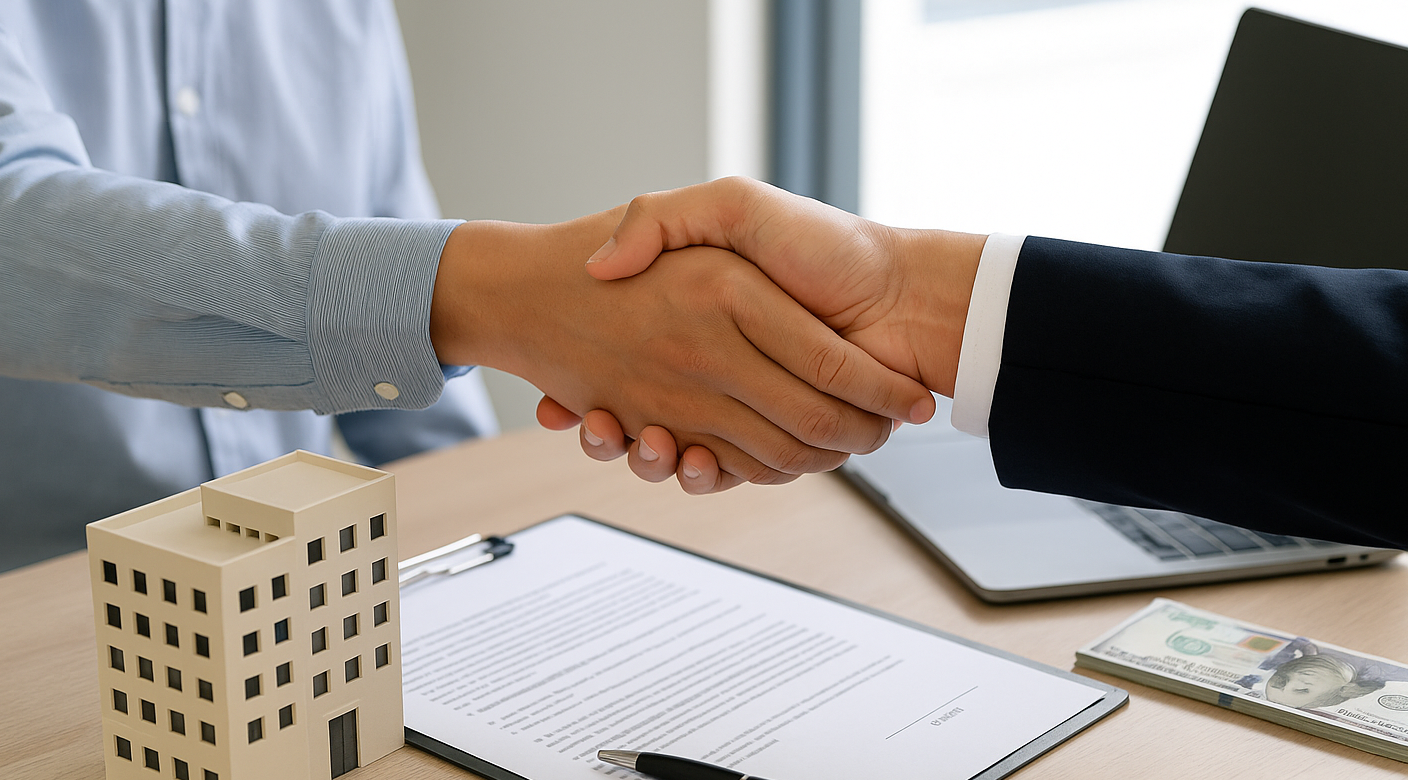 Duas pessoas apertando as mãos sobre uma mesa com documentos, laptop e maquete comercial, representando a negociação para compra de uma empresa em funcionamento.