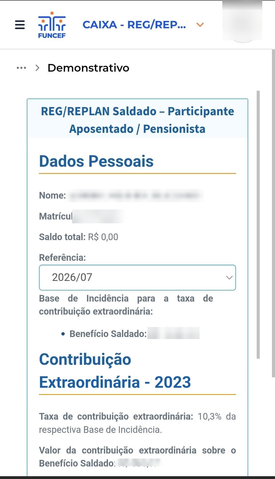Tela do Demonstrativo no celular