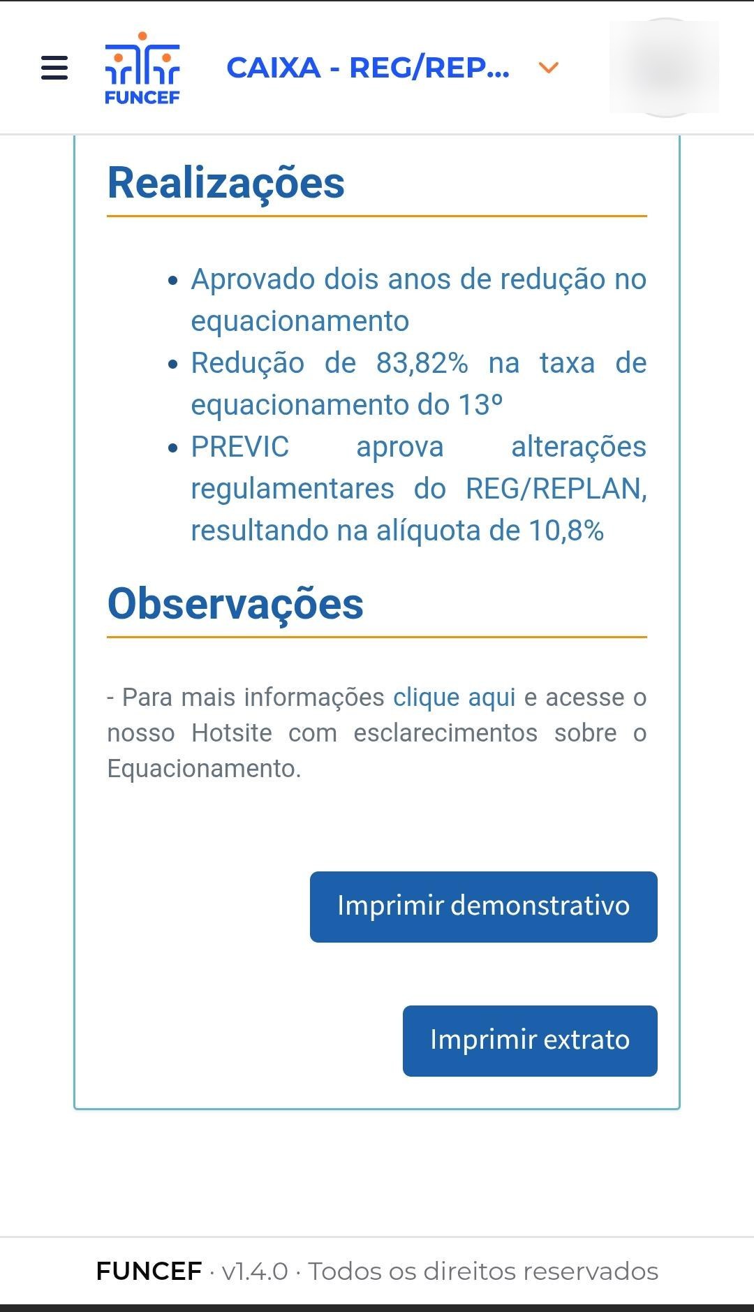 Botões Imprimir demonstrativo e Imprimir extrato no celular