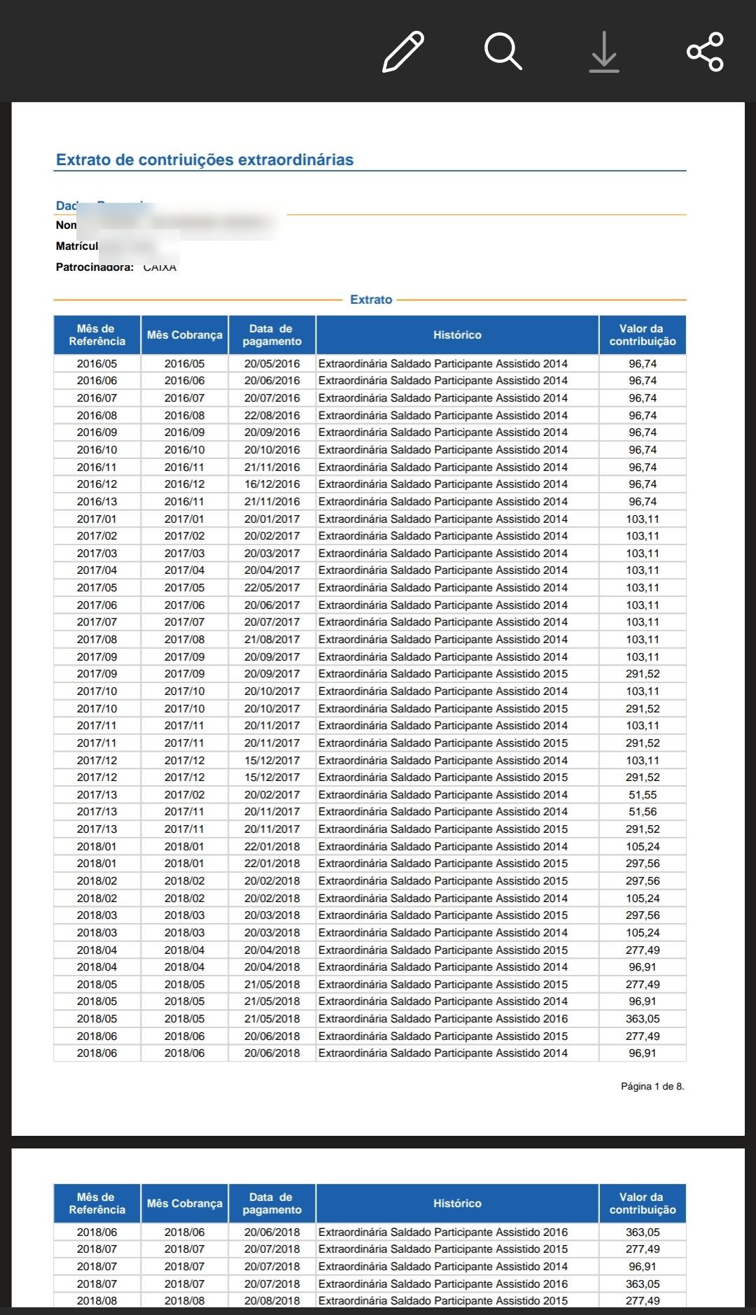 Extrato de contribuições extraordinárias aberto em PDF