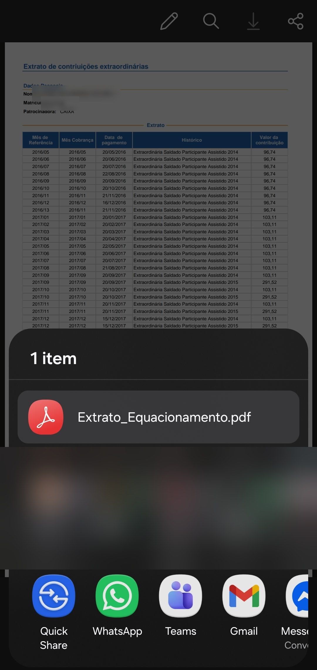 Menu de compartilhamento do celular com o arquivo do extrato