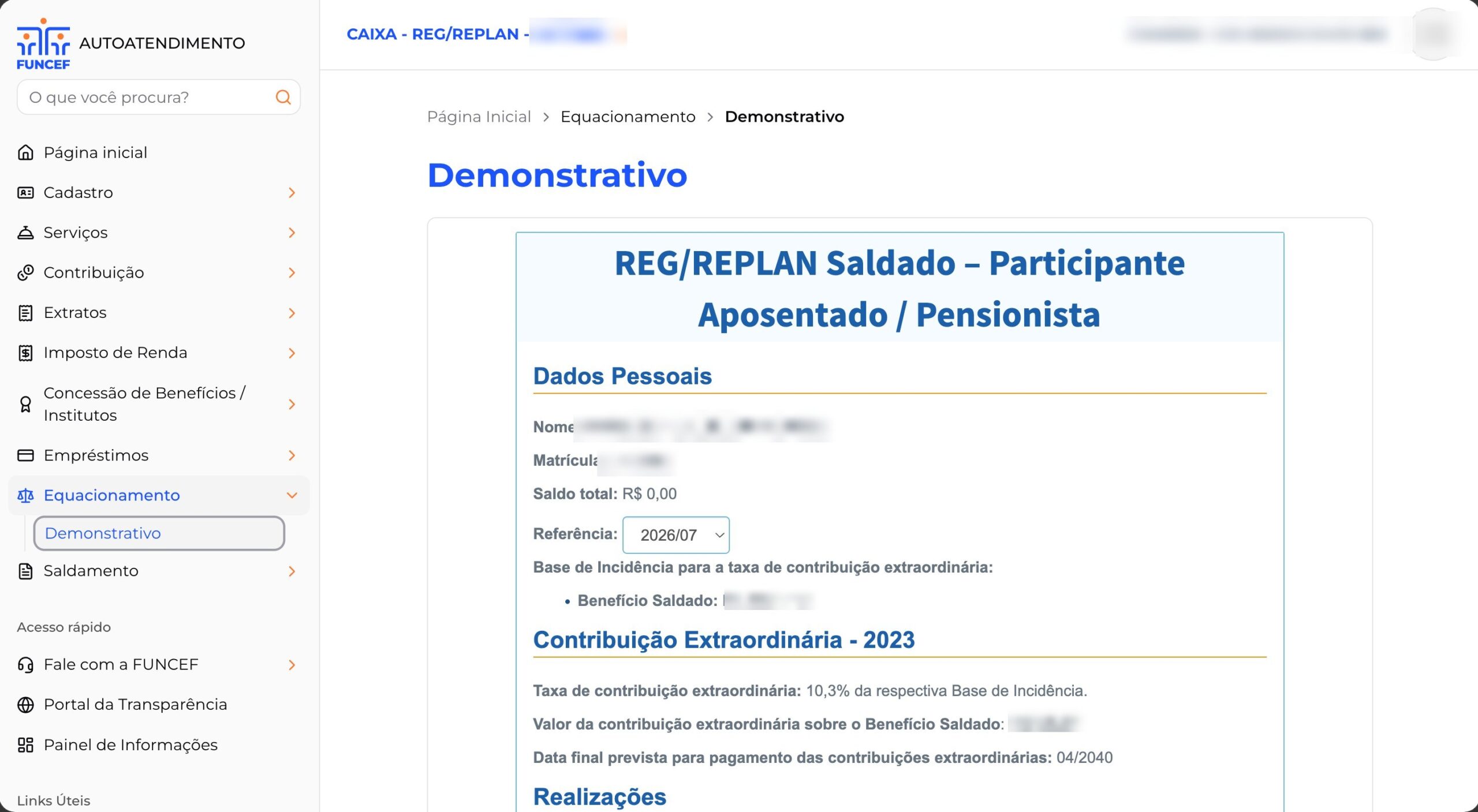 Tela do Demonstrativo do Equacionamento