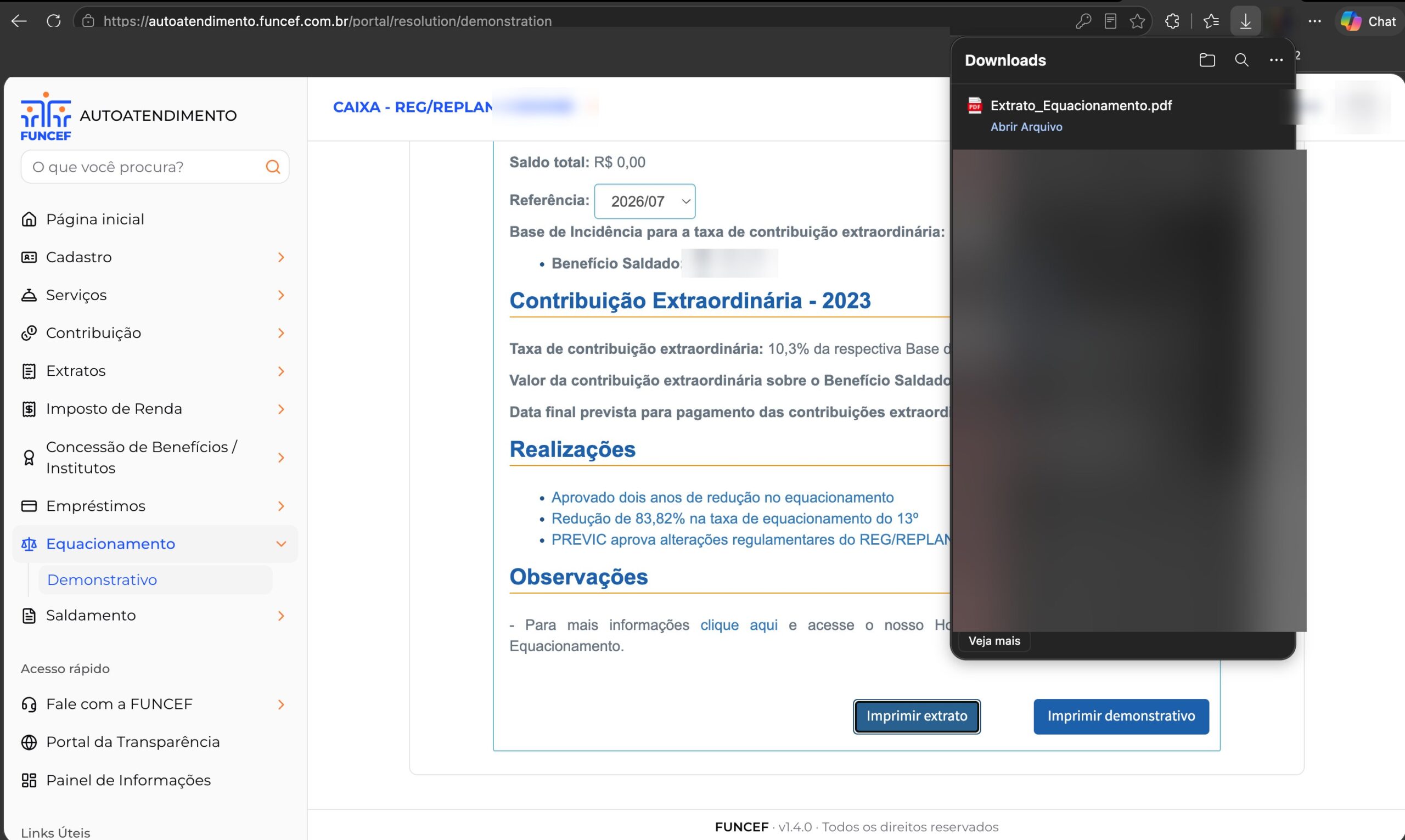 Lista de downloads do navegador com o arquivo Extrato_Equacionamento.pdf